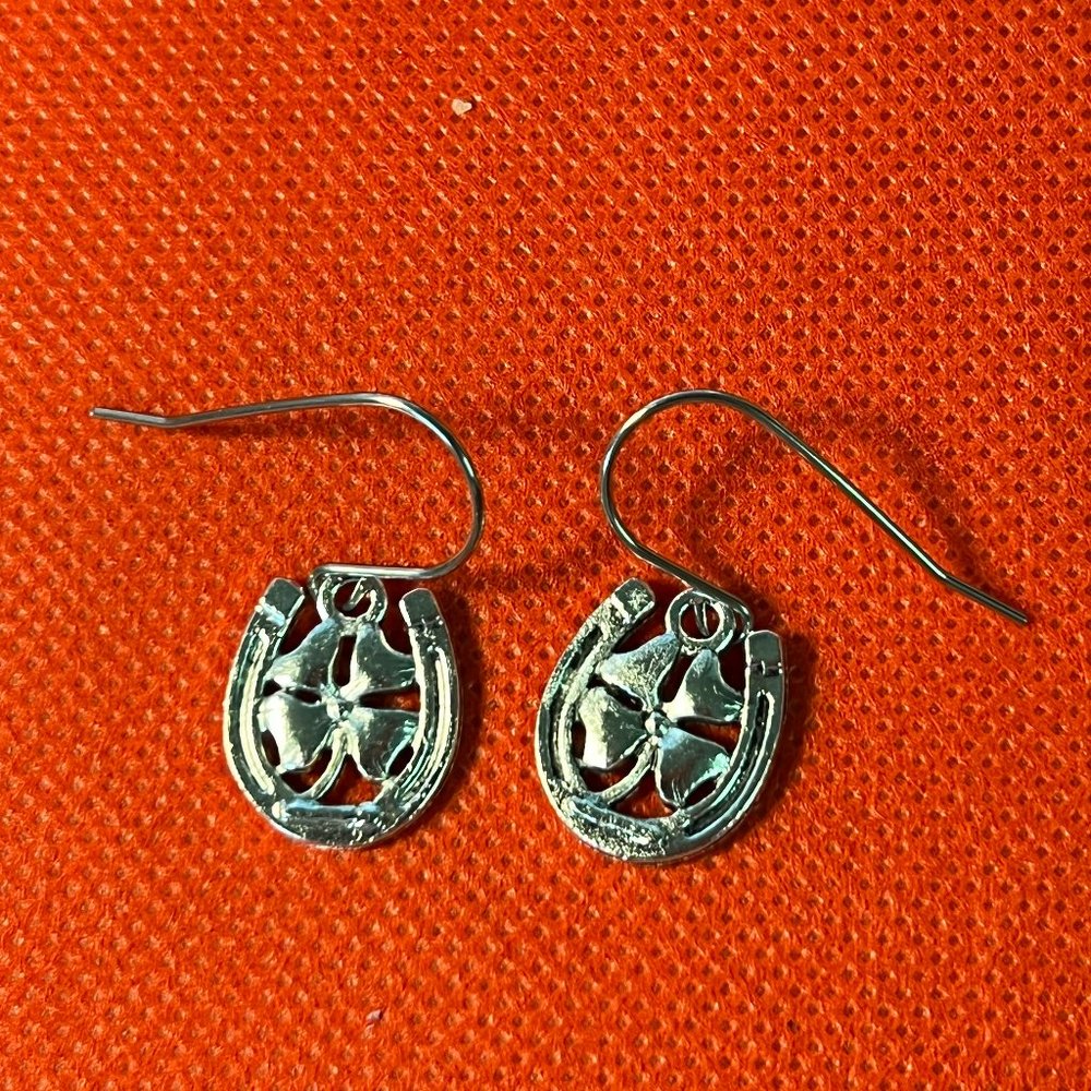 Horse Shoe 4 Leaf Clover Silver Tone French Hook Pierced Earrings